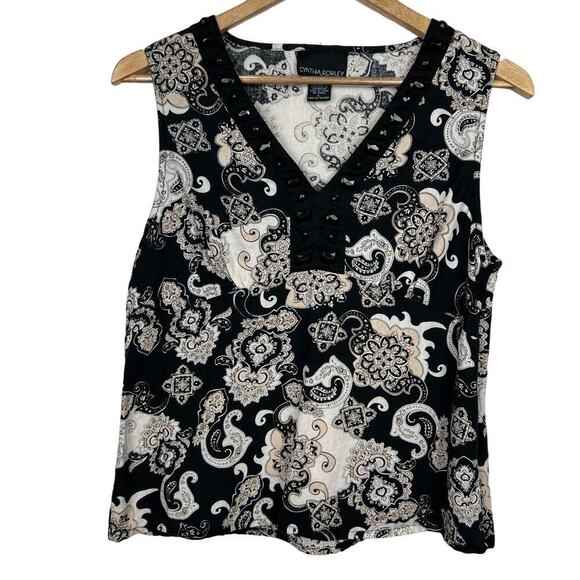 Cynthia Rowley Black White Linen Blend Embellished Neckline Tank Top Large - Picture 1 of 10